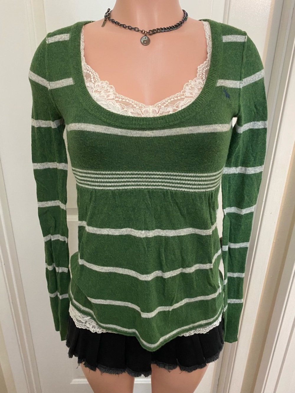 Y2k vintage Abercrombie green and white striped babydoll long sleeve sweater - Picture 1 of 15